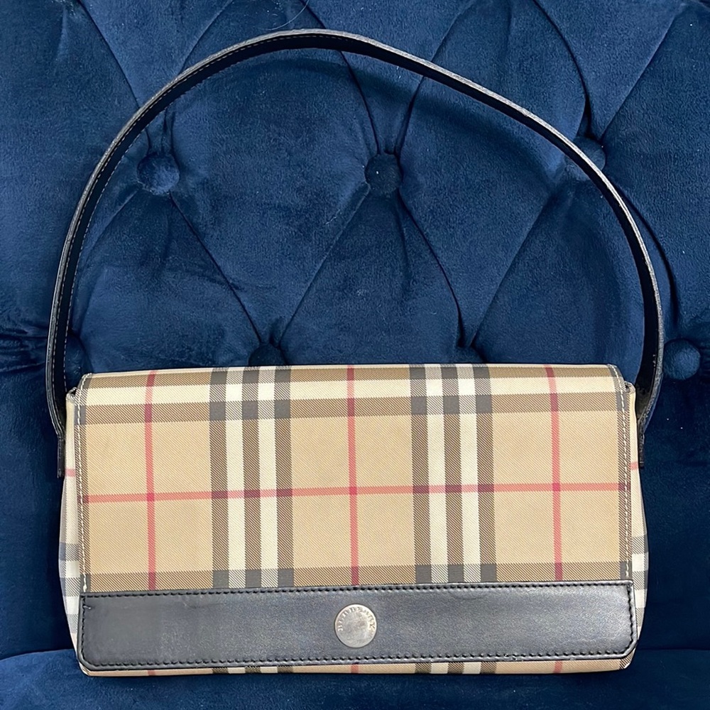 EUC Burberry check and leather top handle bag
